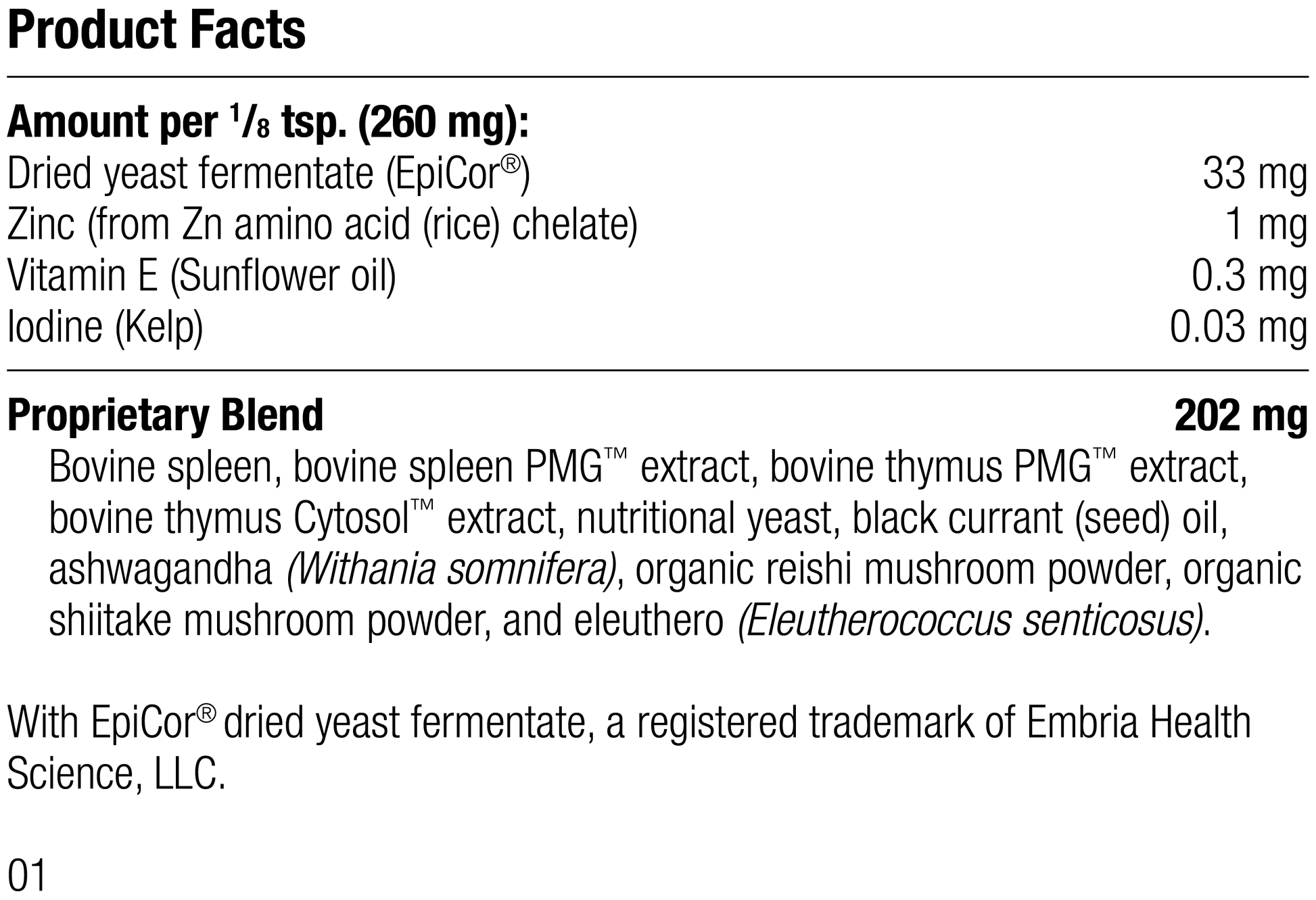 A1610 Canine Immune System Support, 30 g, Rev 01 Supplement Facts	