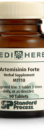 A bottle of Artemisinin Forte next to a tablet.