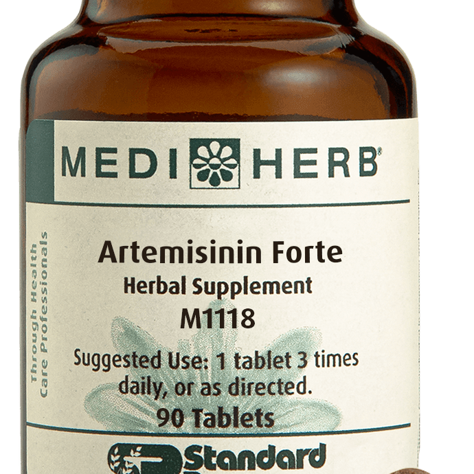 A bottle of Artemisinin Forte next to a tablet.