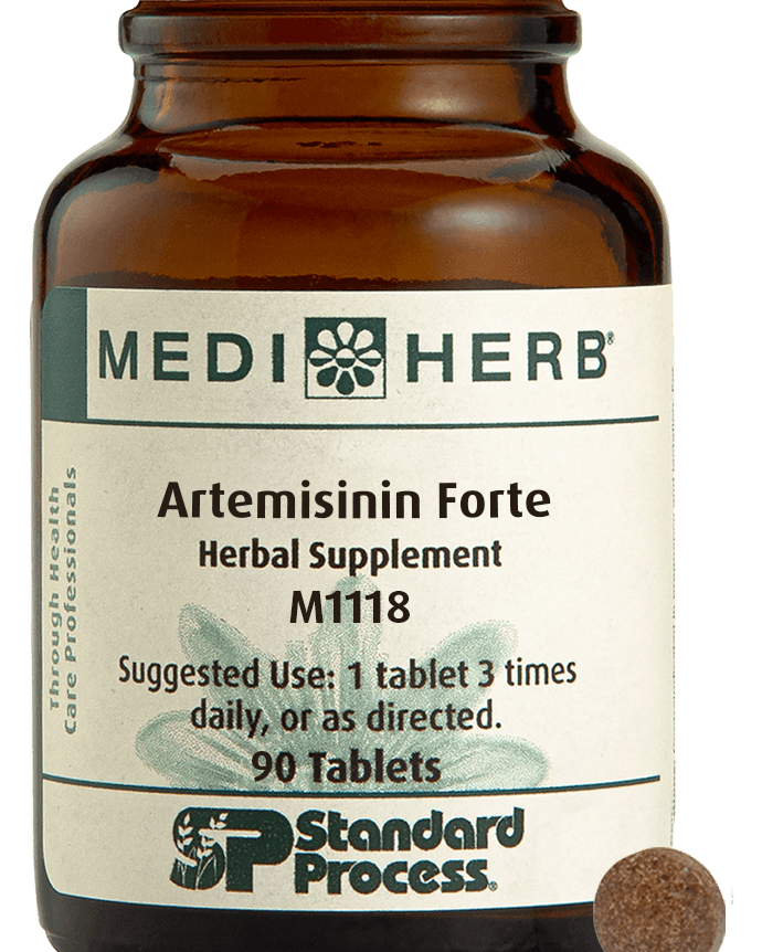 A bottle of Artemisinin Forte next to a tablet.