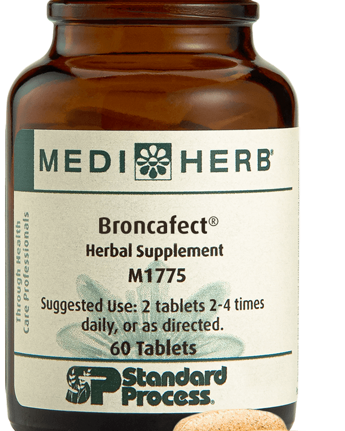 A bottle of Broncafect herbal supplement next to a tablet.