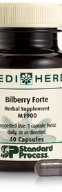 An image of herbal supplement Bilberry Forte next to a capsule.