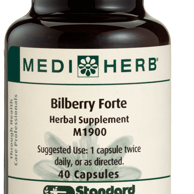 An image of herbal supplement Bilberry Forte next to a capsule.