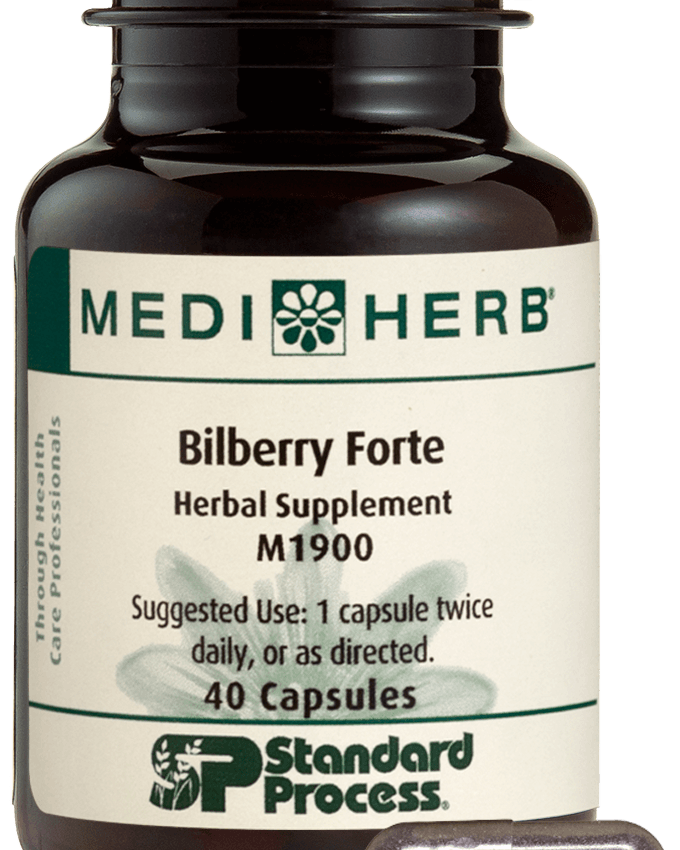 An image of herbal supplement Bilberry Forte next to a capsule.